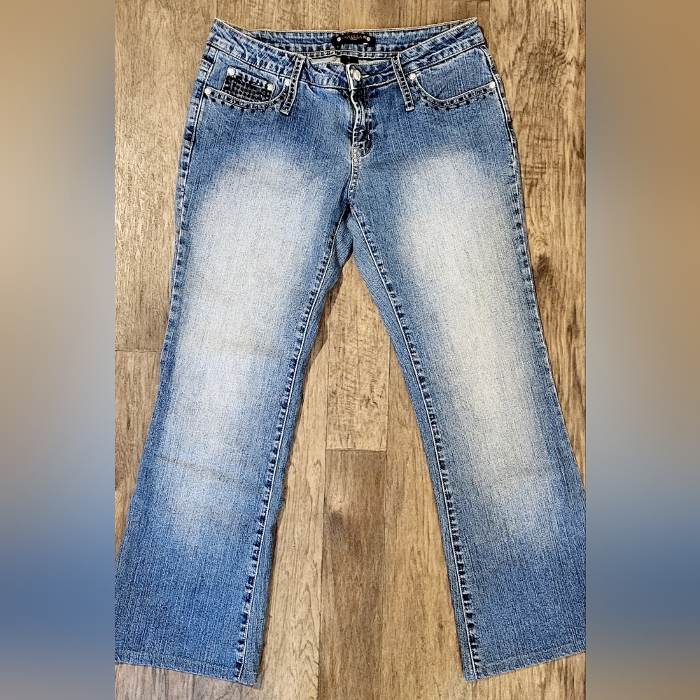 Vanilla Star jeans Vintage washed denim Flare With black crystal accents size 13